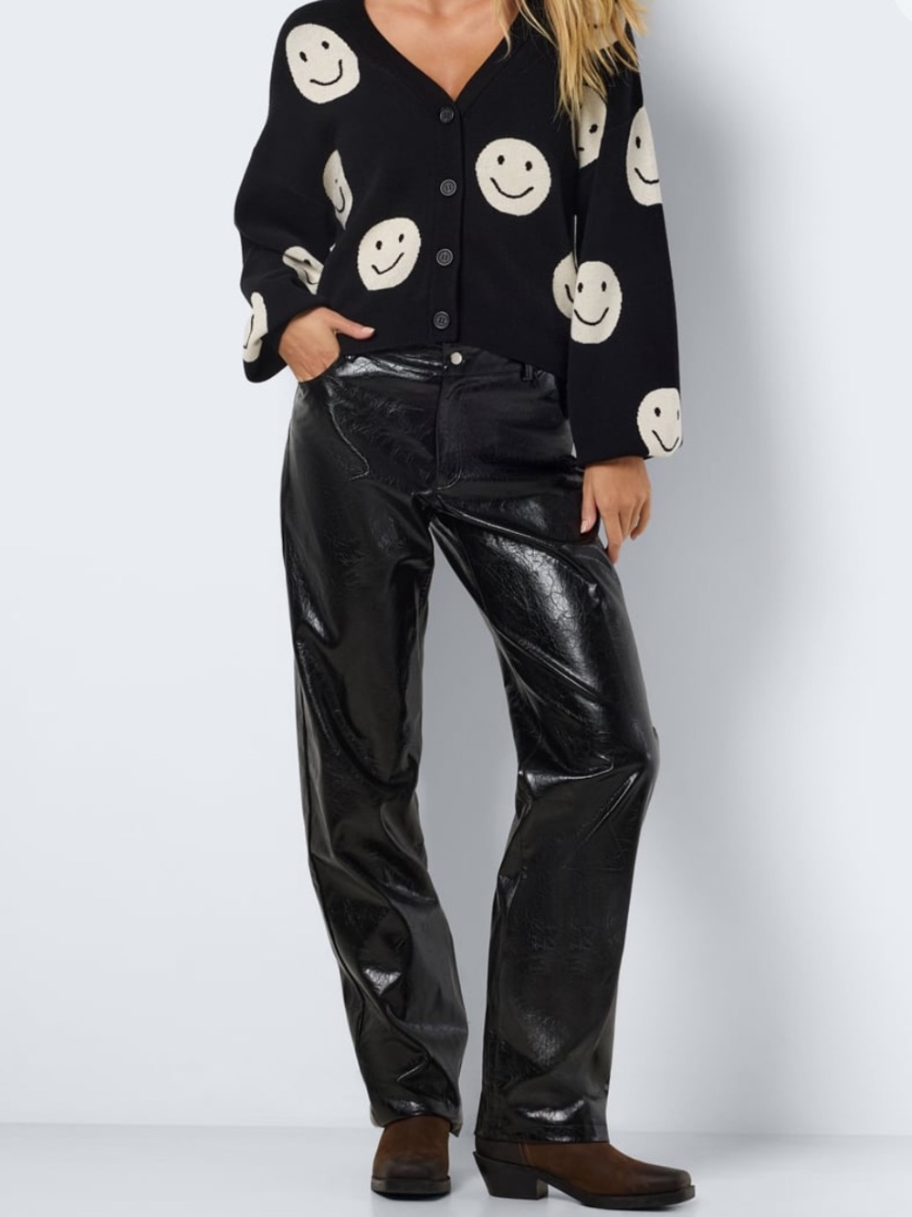 Black Patent Faux-Leather Straight Leg Pants